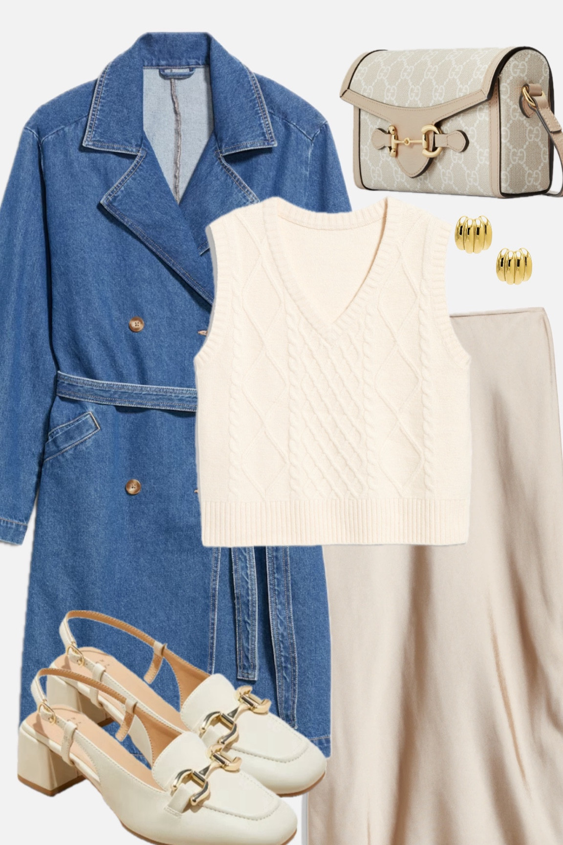 Denim, sweater vests, slip skirts and monochrome are hot this fall. Loving this creamy monochromatic look. 

Horsebit. Slingback kitten heels. Sweater vest. Monochromatic. Monochrome. Mini bag. Denim. Denim trench coat

#LTKFindsUnder50 #LTKWorkwear #LTKItBag