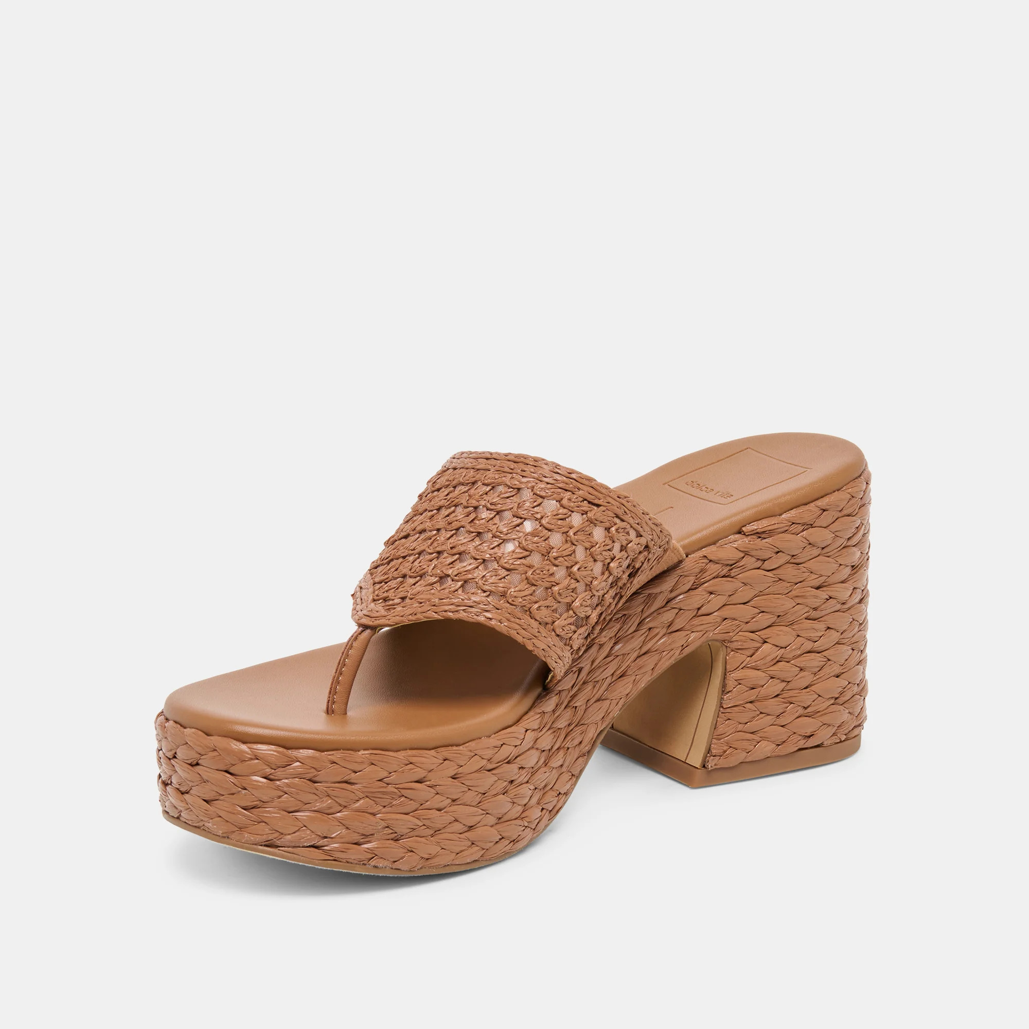 RIPPLE Mid Brown Raffia Platform Thong Block Heel | Dolce Vita | DolceVita.com