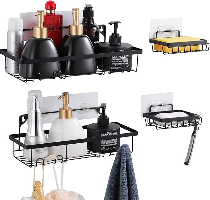 Shower Caddy Shelf Organizer (2Pack) with 2 Soap Dishes, Adhesive Black Bathroom Basket Shelves w... | Amazon (US)