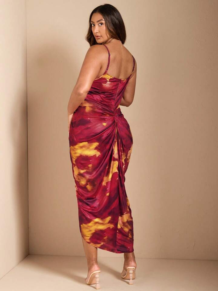 SHEIN BAE Women's Regular/Festival/Date/Party V-Neck Slit Color Block Tie Dye Printed Dress | SHEIN