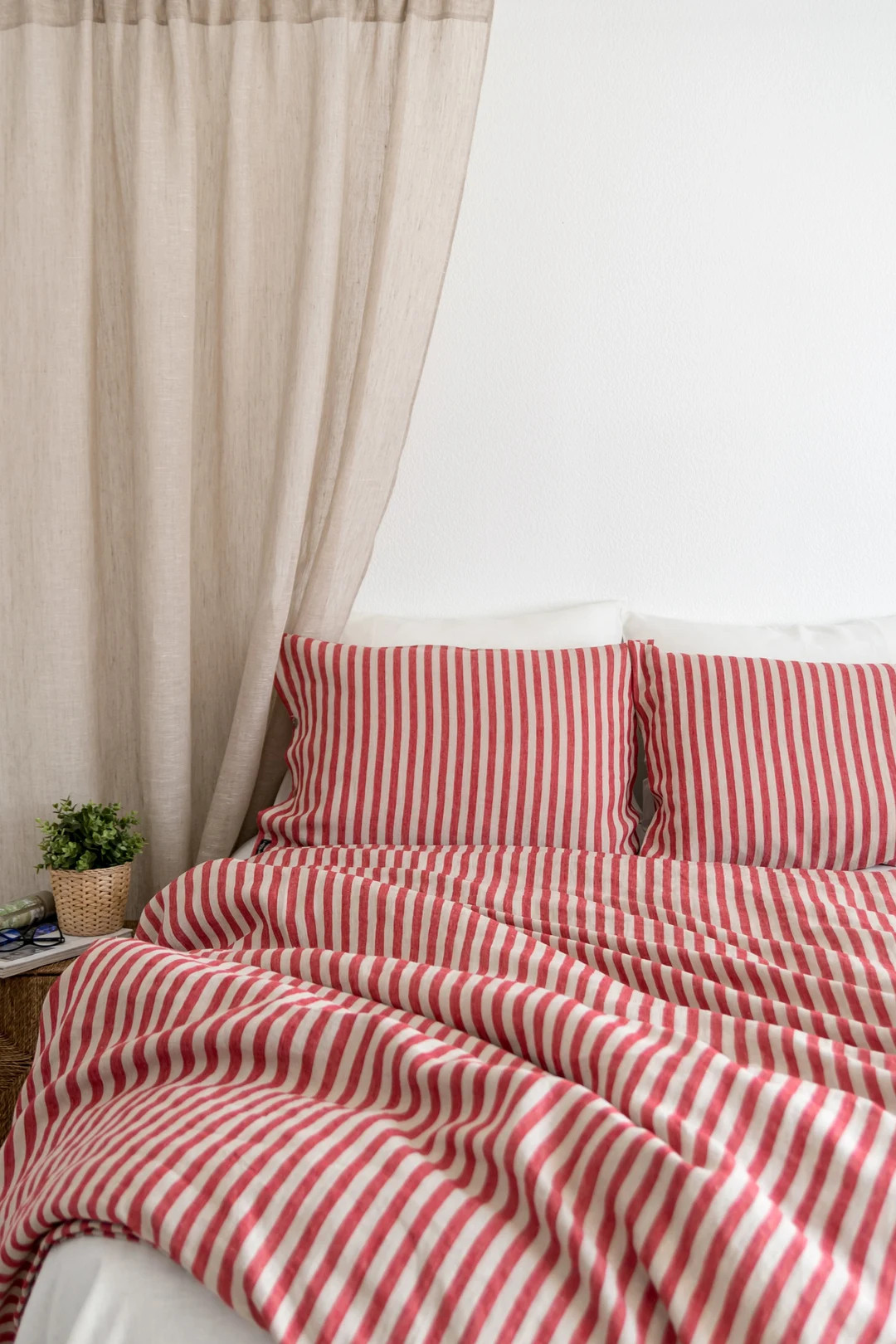 Red striped linen BEDDING SET from 108 in, 100% linen. King, queen or custom size bedding set, fi... | Etsy (US)