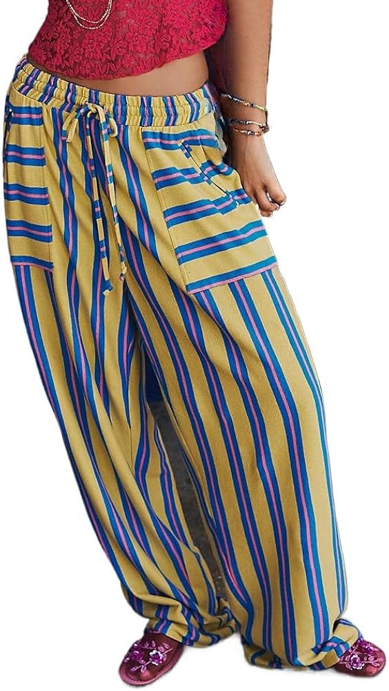 Obenie Women's Wide Leg Casual Striped Pants with Drawstring Elastic Waist Wide Leg Pants Y2K Str... | Amazon (US)