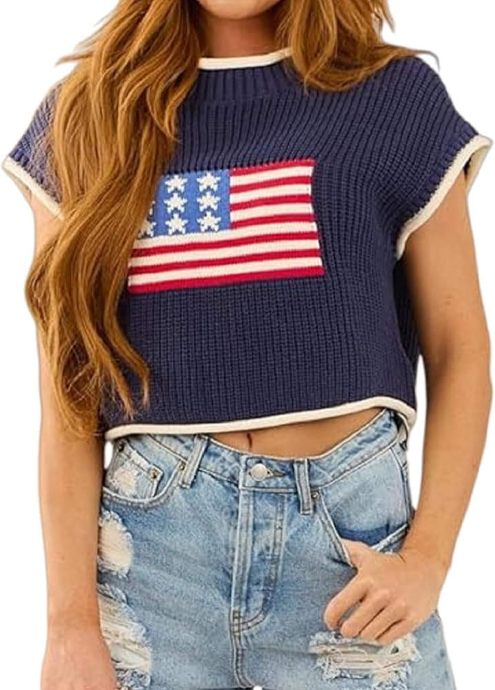 Women Summer American Flag Sweater Lightweight Cap Sleeve Sweater Vest 4th of July Crew Neck Knit... | Amazon (US)