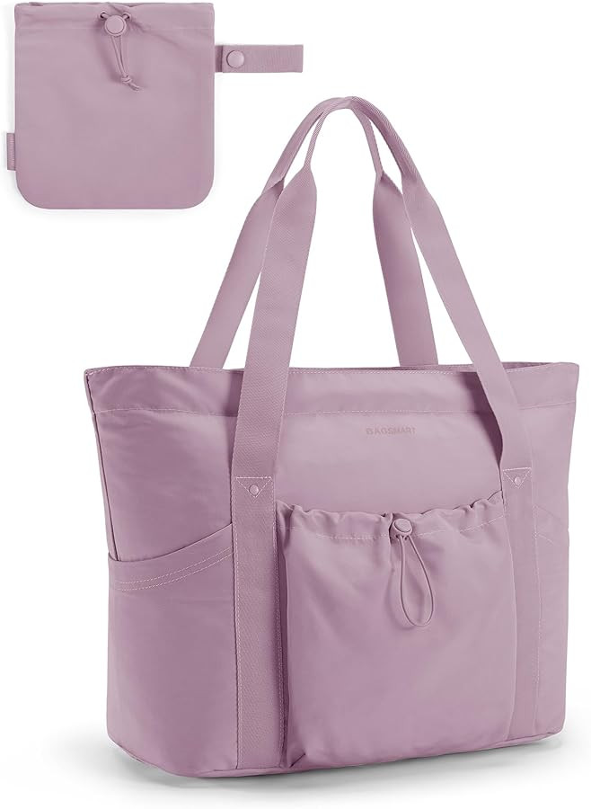 BAGSMART Tote Bag for Women, Tote Shoulder Bag with Laptop Compartment and Zipper, Top Handle Handbag for Travel, Work, Beach, Gym, Shop (Pink) | Amazon (US)