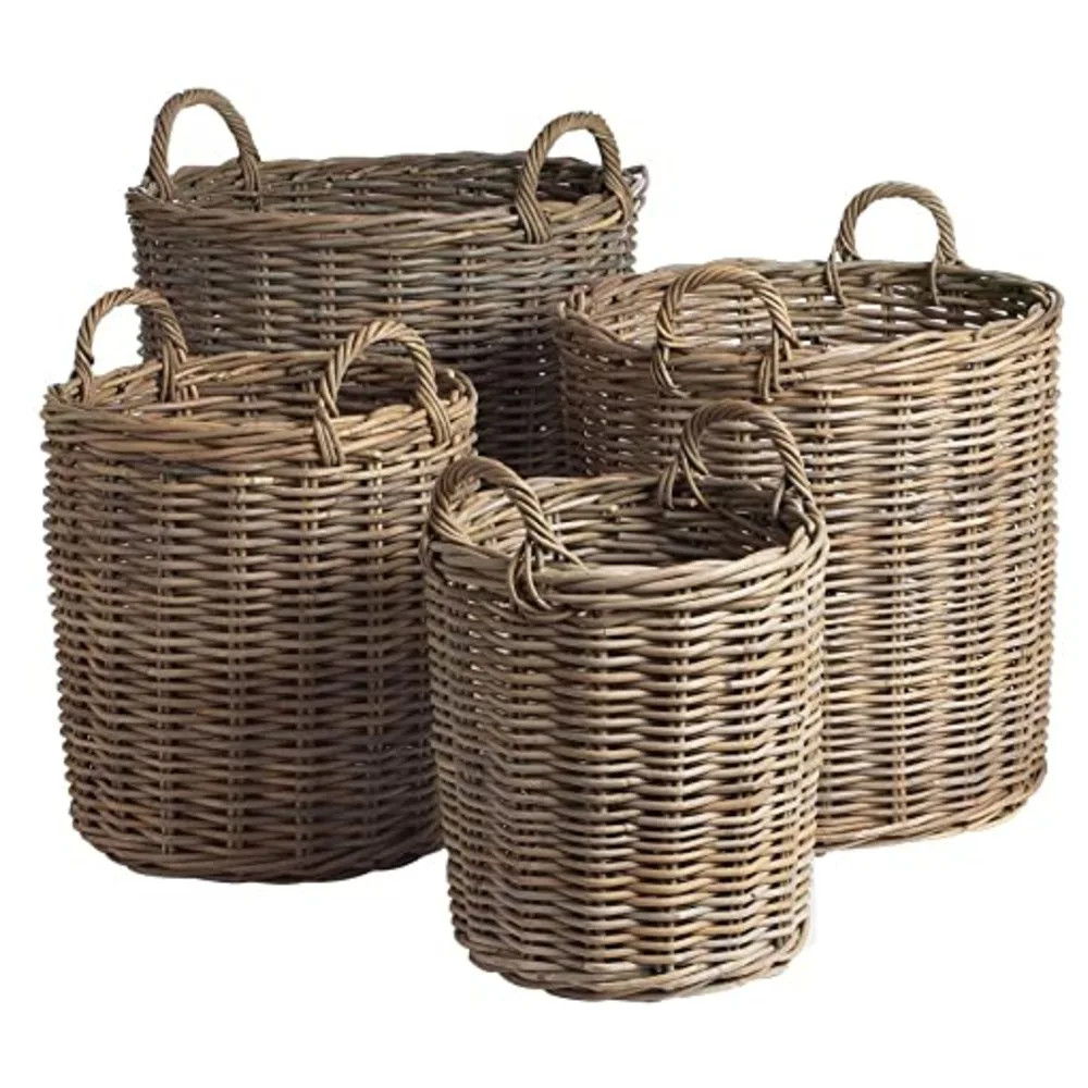 Norman Coastal Beach Grey Woven Rattan Round Basket - Set of 4 | Kathy Kuo Home
