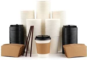 100 Pack 12 oz Disposable Coffee Cups with Lids, Sleeves, Stir Straws white Paper Coffee Cups wit... | Amazon (US)