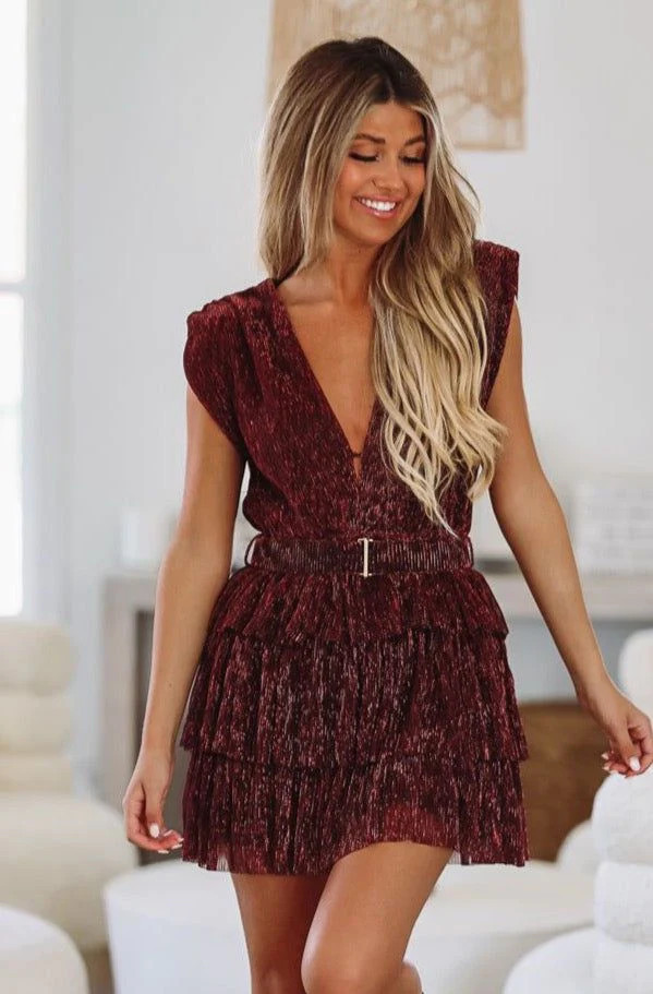 Lexi Shimmer Cocktail Mini Dress - Burgundy | Hazel and Olive