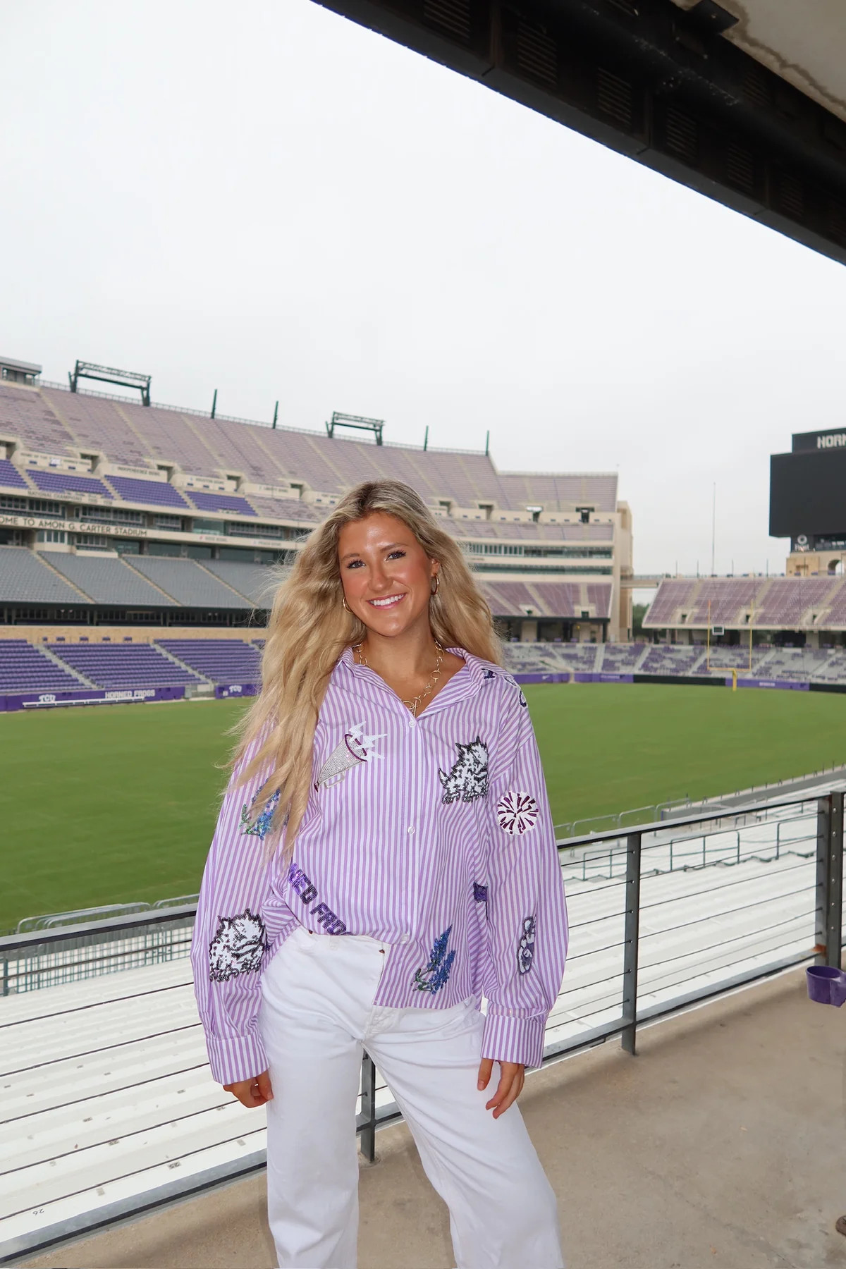 Licensed TCU Mini Icon Striped Button Down - Queen Of Sparkles | Extremely Refined Boutique