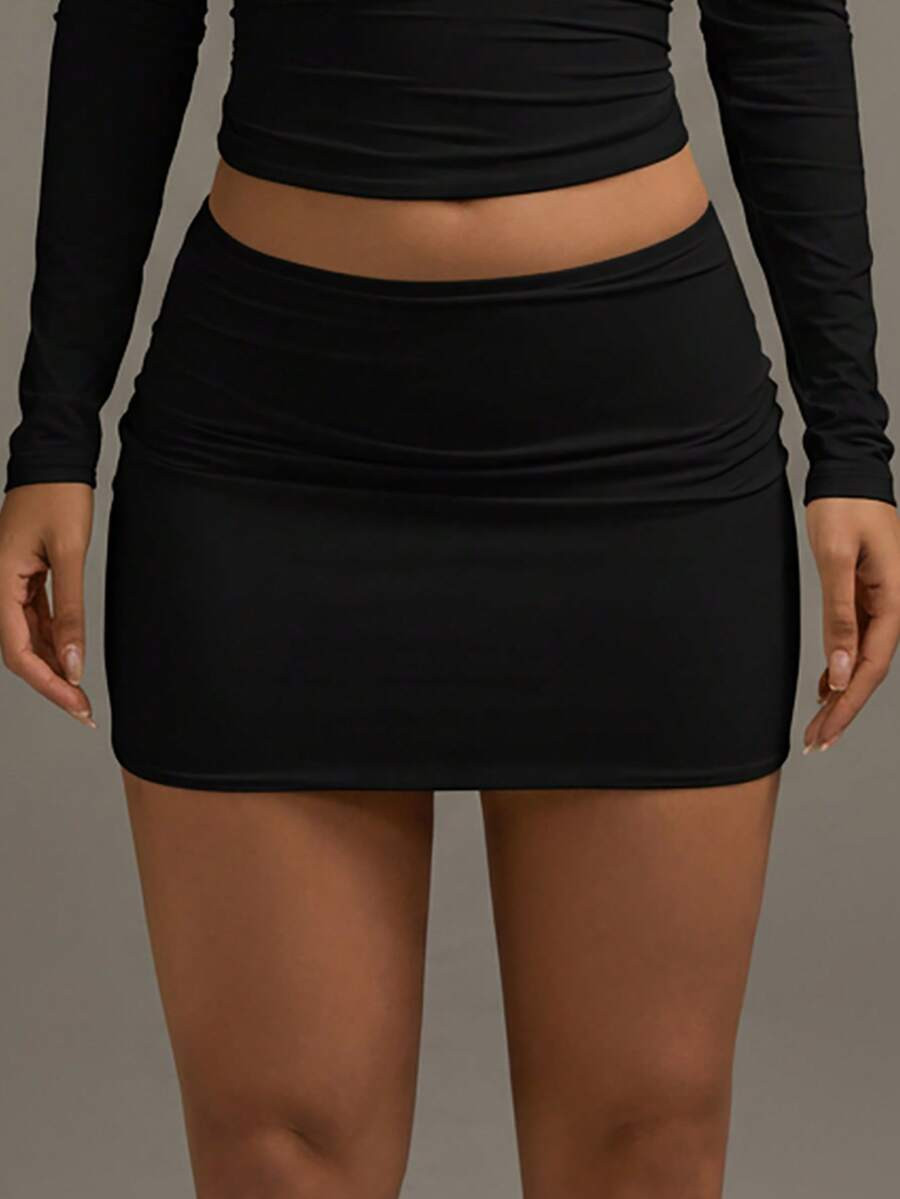 XLLAIS Women's Solid Color Pleated Bodycon Skirt Black Spring | SHEIN UK | SHEIN
