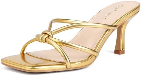 Goderci Kitten Strappy Heels for Women Knotted Square Open Toe Slip On Mule Heels Mid Heeled Sand... | Amazon (US)