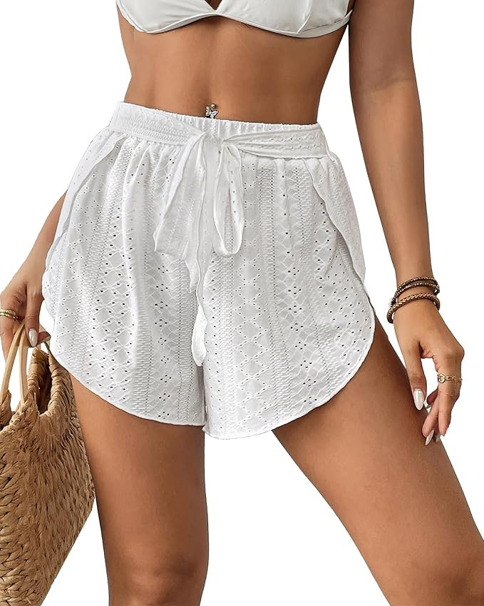 Bsubseach Swim Cover Up Shorts for Women Hollow Out Split Beach Shorts Drawstring Bikini Cover Up... | Amazon (US)