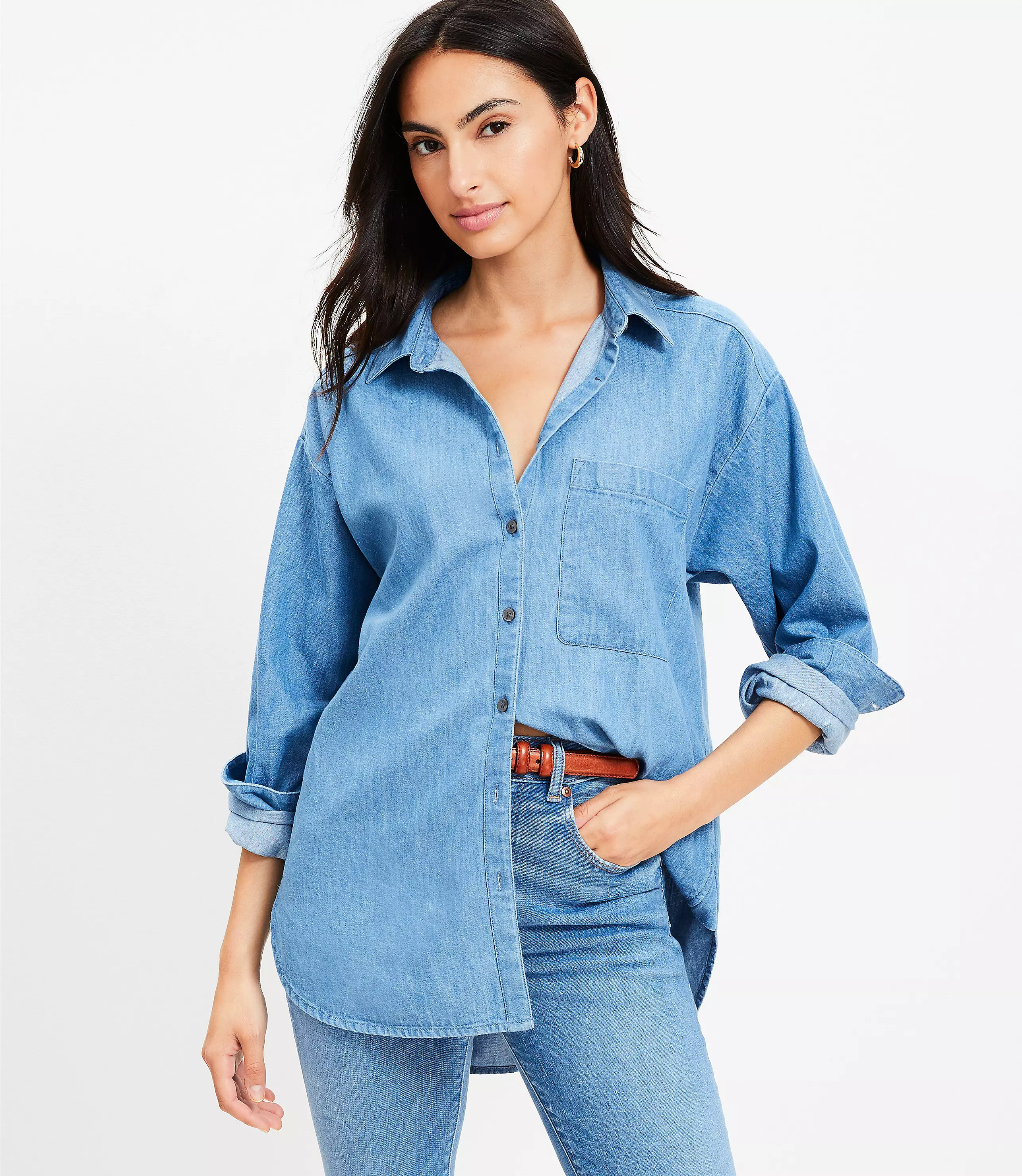 Petite Chambray Everyday Oversized Pocket Shirt | LOFT