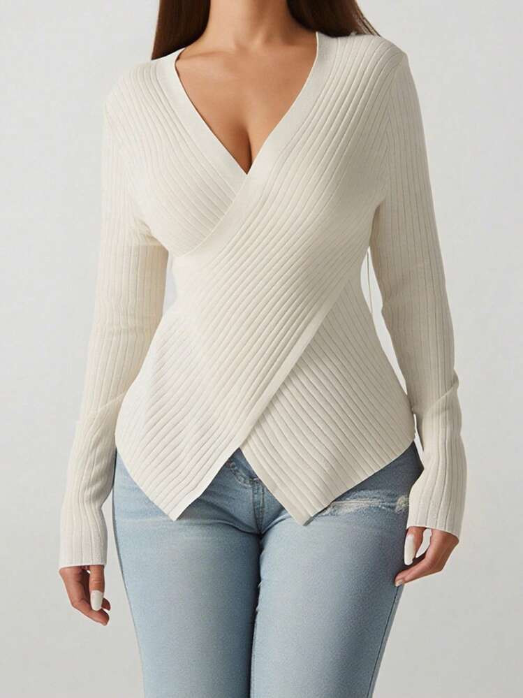 Womens Knitted Tops Fall Long Sleeve Cross Wrap V Neck Slim Fitted Solid Color Pullovers | SHEIN