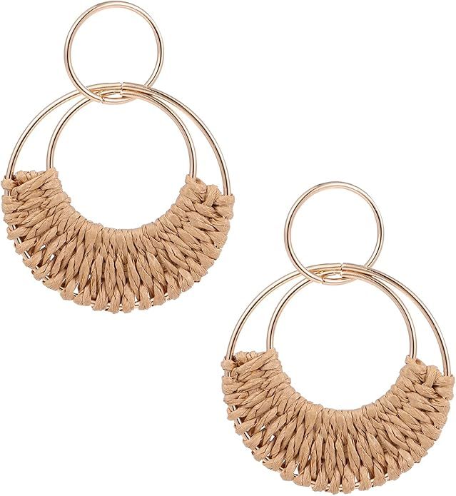 Rattan Weave Earrings Boho Summer Raffia Hoop Dangle Earrings for Women Girls Bohemian Raffia Bra... | Amazon (US)