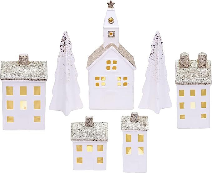 Mark Feldstein & Associates Village White Glitter 12 inch Porcelain LED Christmas Figurines 9 Pie... | Amazon (US)