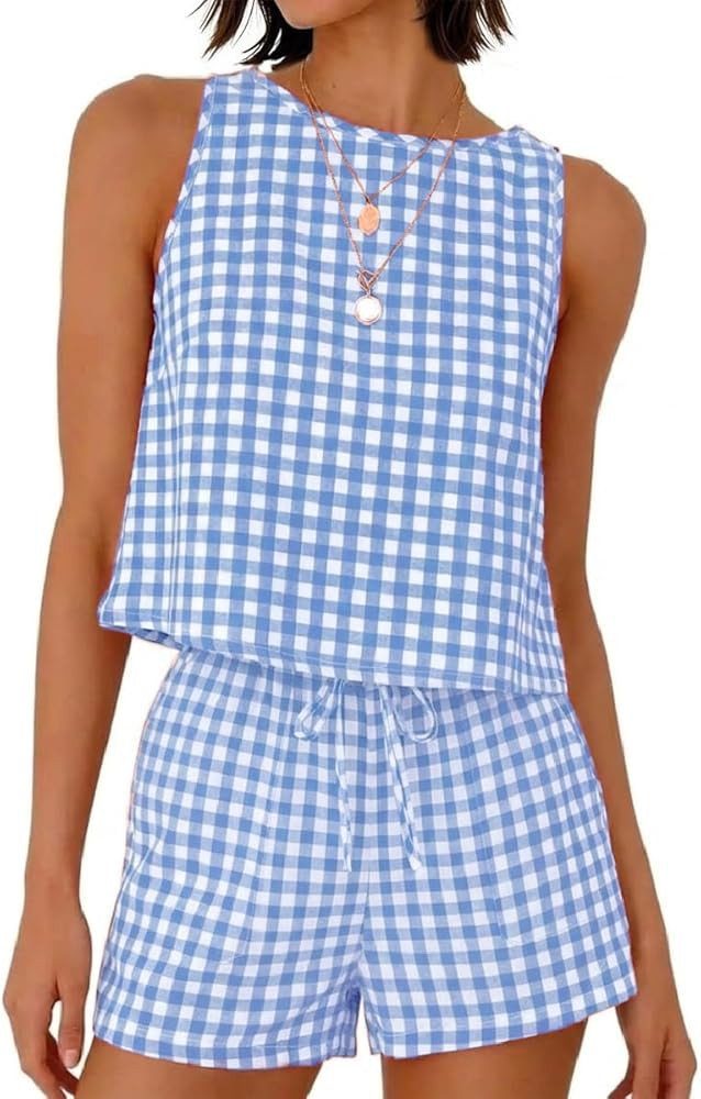 IDEALSANXUN Womens Gingham Two Piece Sets Spring Summer Beach Vacation Outfits Pajama Sets | Amazon (US)