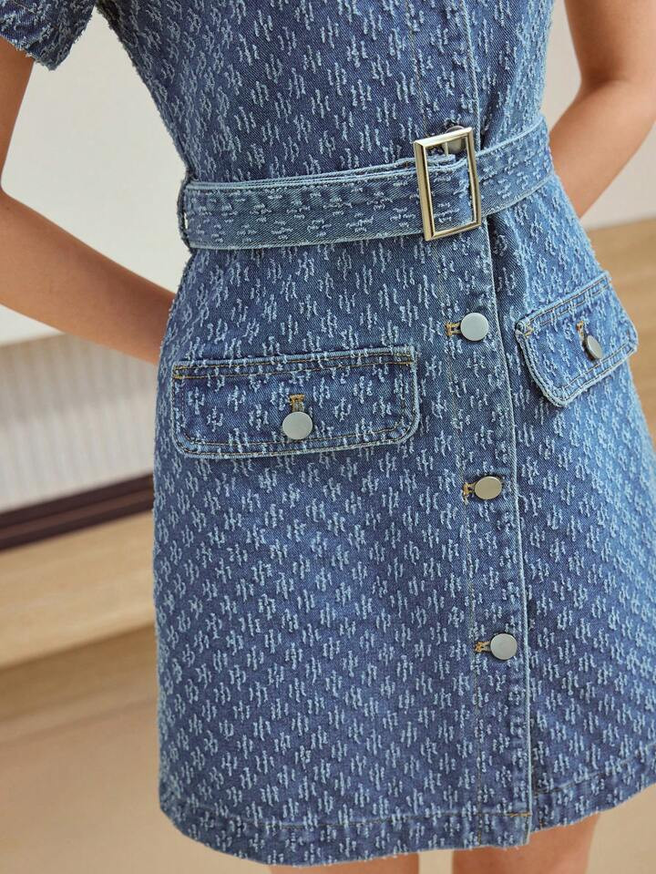 MOTF STUDIO TEXTURED BUTTON FRONT DENIM DRESS | SHEIN
