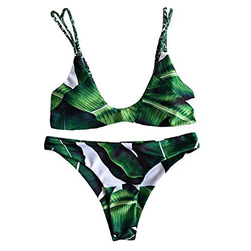 ZAFUL Women's Cami Palm Tree Padded Sexy Top T-shaped Shorts Bikini Set Leaves Print Push-up Holiday | Amazon (US)