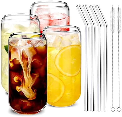 Drinking Glasses with Glass Straw 4pcs Set - 16oz Can Shaped Glass Cups, Iced Coffee Glasses, Bee... | Amazon (US)