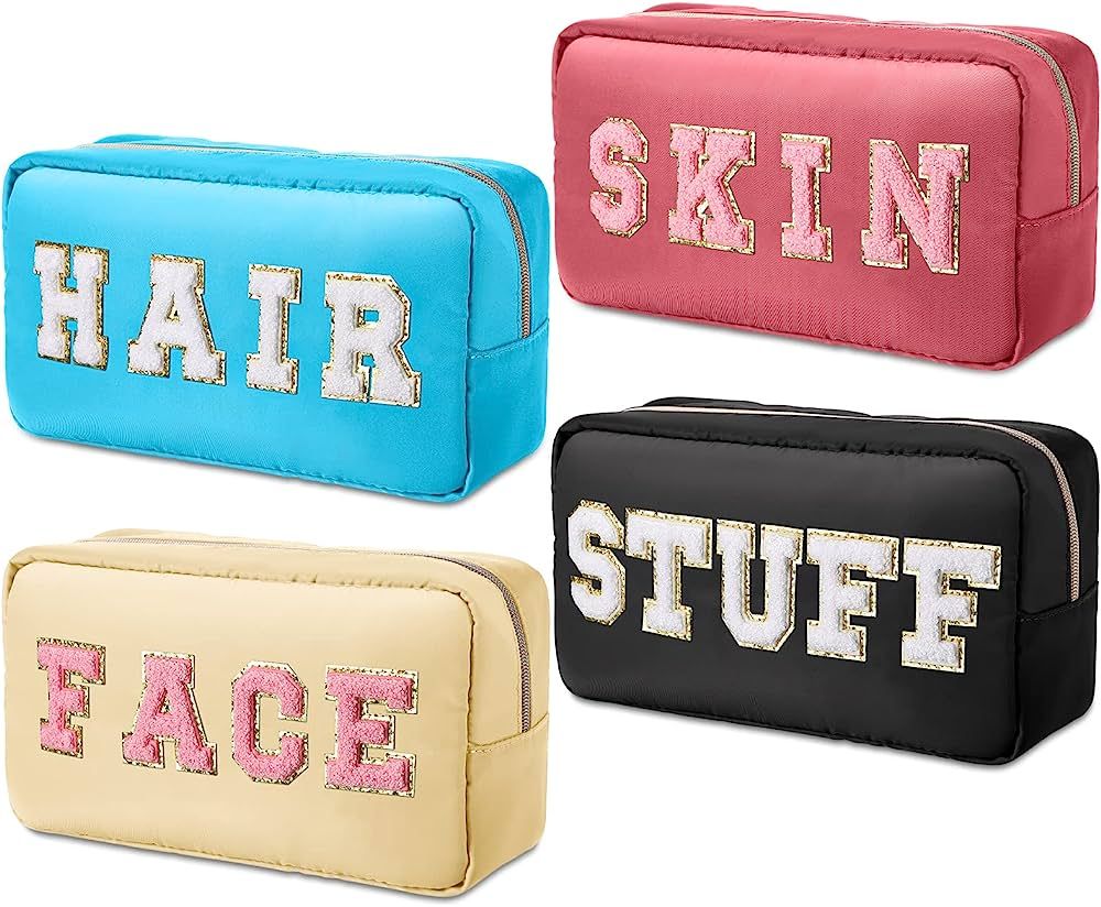 4 Pcs Nylon Cosmetic Bag Chenille Letter Cosmetic Pouch Zipper Preppy Makeup Bag Waterproof Hair ... | Amazon (US)