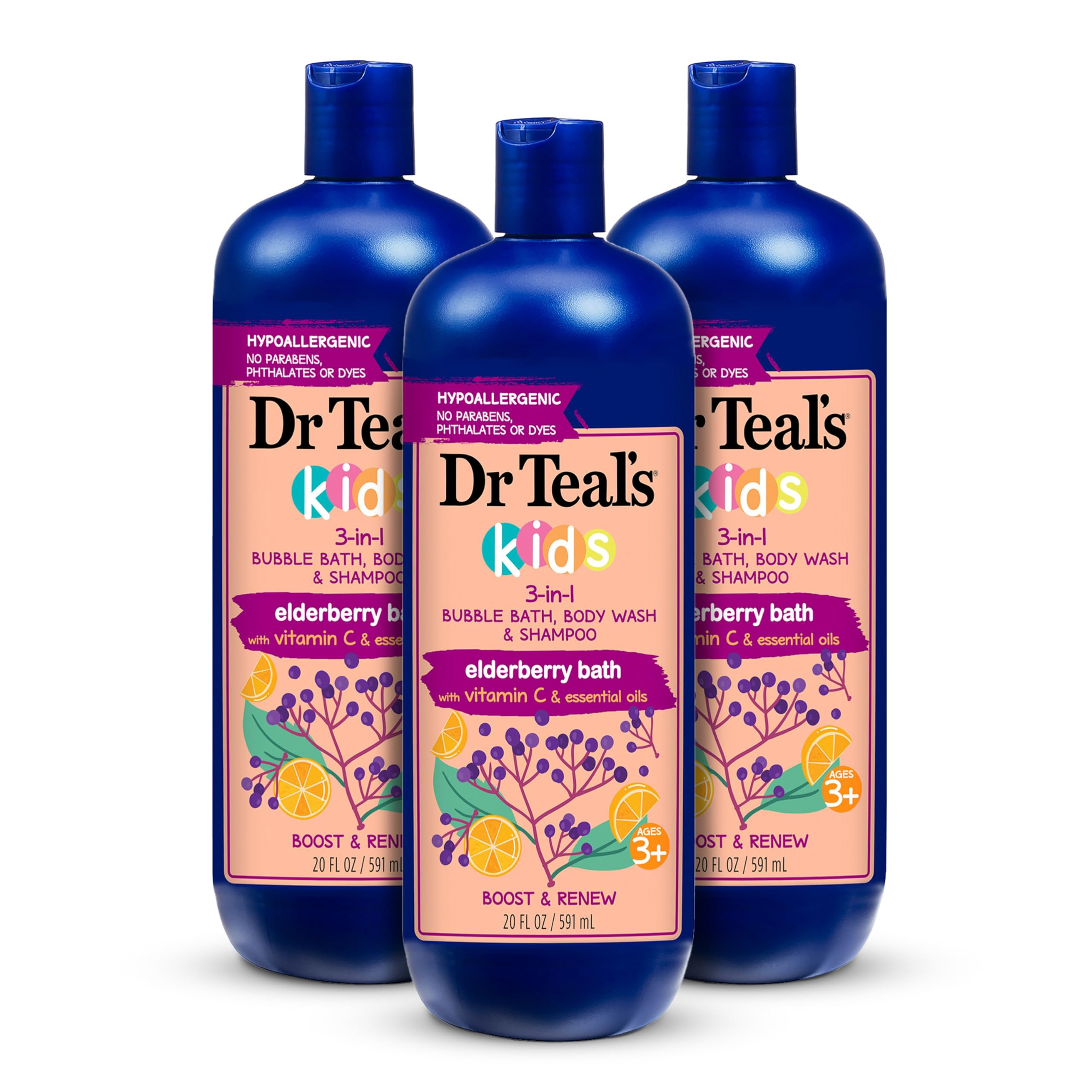 Dr Teal's Kids 3-in-1 Bubble Bath, Body Wash & Shampoo, Boost & Renew Elderberry with Vitamin C, 20 fl oz. (Pack of 3) | Amazon (US)