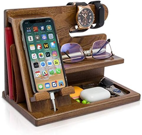 TESLYAR Wood Phone Docking Station Ash Key Holder Wallet Stand Watch Organizer Men Gift Husband W... | Amazon (US)