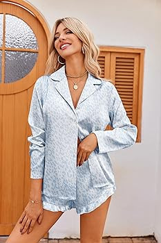 Ekouaer Womens Satin Pajama Sets Long Sleeve Top and Shorts Lounge Set Button Down Sleepwear | Amazon (US)