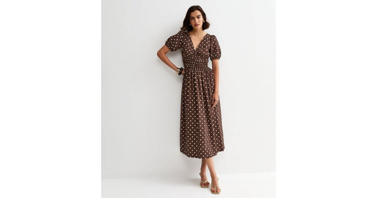 Brown Polka Dot Ruched Waist Midi Dress | New Look | New Look (UK)