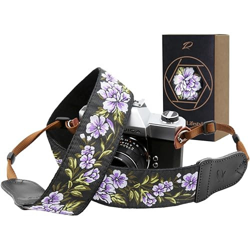 Padwa Lifestyle Purple Flower Camera Strap - 2" Double Layer Cowhide Head Camera Straps for Photographers，Adjustable Neck & Shoulder Vintage Jacquard Embroidery Flower Cotton Strap for all Cameras | Amazon (US)