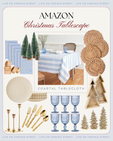 The cutest Amazon home finds to create a coastal Christmas tablescape! Includes a blue striped linen tablecloth, scalloped plates, linen napkins, bottlebrush trees, rattan placemats, wood Christmas tree serving boards, gold bamboo flatware, gold candlesticks, and blue glass goblets.
.
#ltkhome #ltkholiday #ltkfindsunder50 #ltkfindsunder100 #ltkstyletip #ltksalealert #ltkover40 #ltkparties #ltkseasonal

#LTKHoliday #LTKhome #LTKfindsunder100