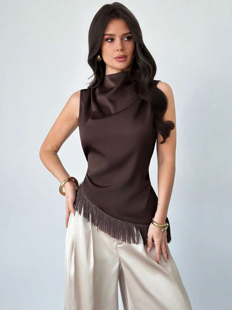 Firerie Women's Elegant Casual Everyday/Commute/Vacation Bohemian Sleeveless Top, Brown Satin Ple... | SHEIN