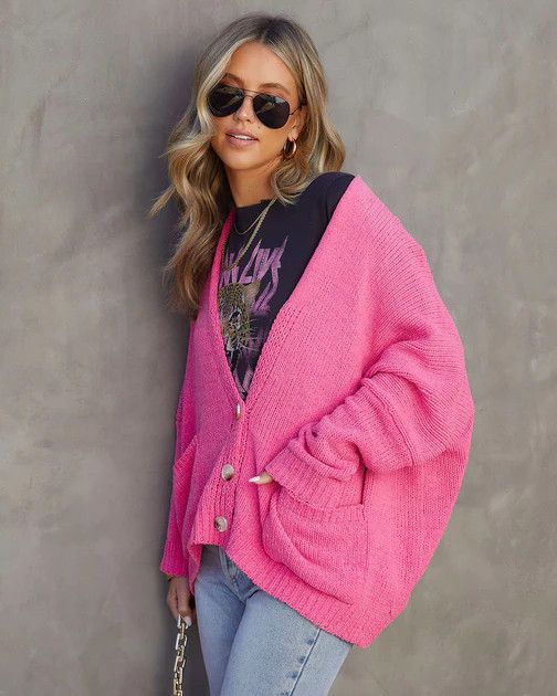 Never Impossible Chenille Pocketed Button Front Cardigan - Hot Pink | VICI Collection