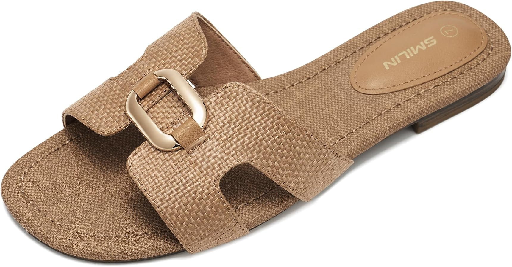 Raffia Sandals for Women, Woven Slides Flat Summer Vacation Beach Shoes | Amazon (US)