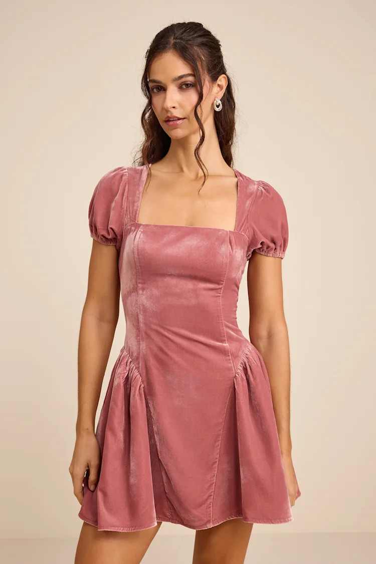 Louisa Pink Velvet Puff Sleeve Mini Dress | Lulus