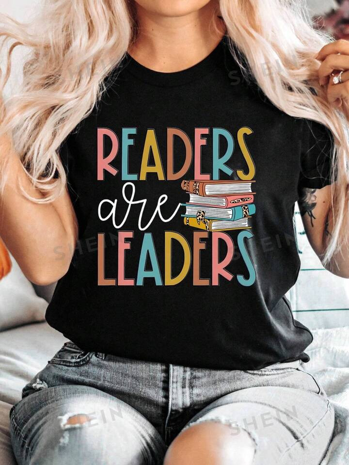 SHEIN LUNE Letter & Book Printed Short Sleeve Casual T-Shirt For Summer READERS Are LEADERS | SHEIN