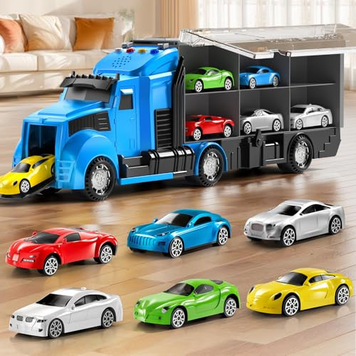 NIPLOOOW Racing Trucks Toy Set with Play Mat, Carrier Truck Play Vehicles Set for 3 4 5 6 Years Old Boys Kids, Die-Cast Car Toy for Toddlers 3-4 Years, Birthday Gifts Toys for 3-9 Year Old Boys | Amazon (US)