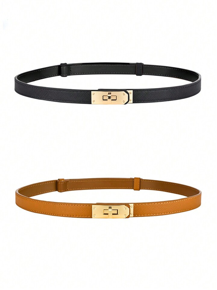 2pcs Women Y2K Lock Buckle Fashionable Casual Black & Camel Stretch Thin Waist Belt Set Suitable ... | SHEIN