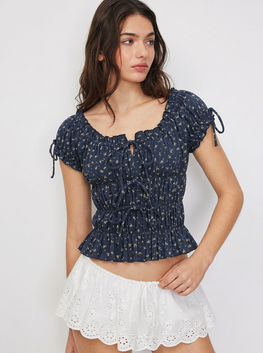 Knit Fabric Cotton-blend Floral Scoop Neck Puff Sleeve Ruched Top For Daily Casual | Cider