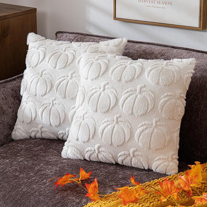 Pumpkin Fall Decorative Throw Pillow Covers 18"x18", Set of 2 Cream White Soft Faux Fur Pillow Co... | Amazon (US)