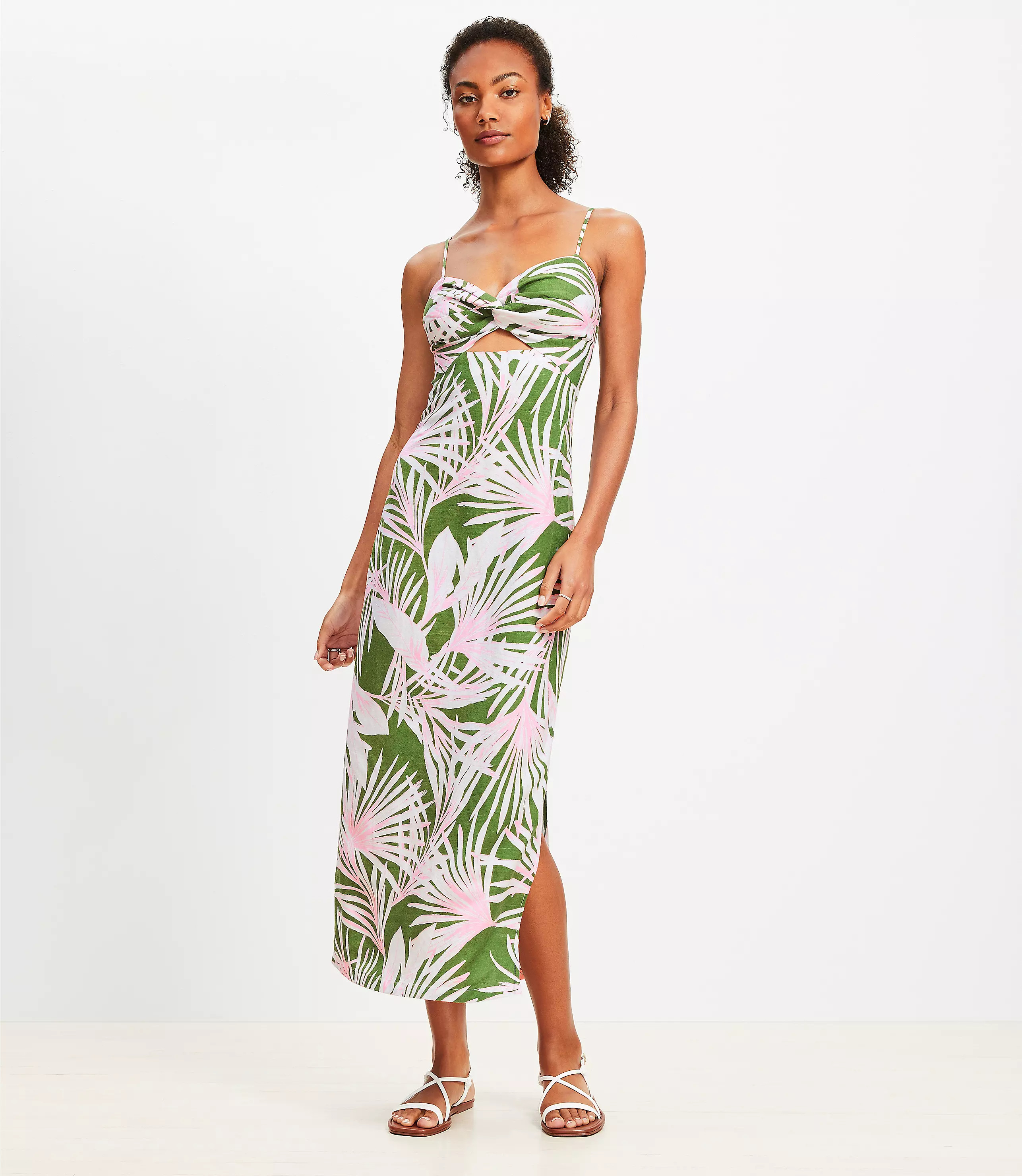 Petite LOFT Beach Island Frond Linen Blend Cutout Twist Midi Dress | LOFT