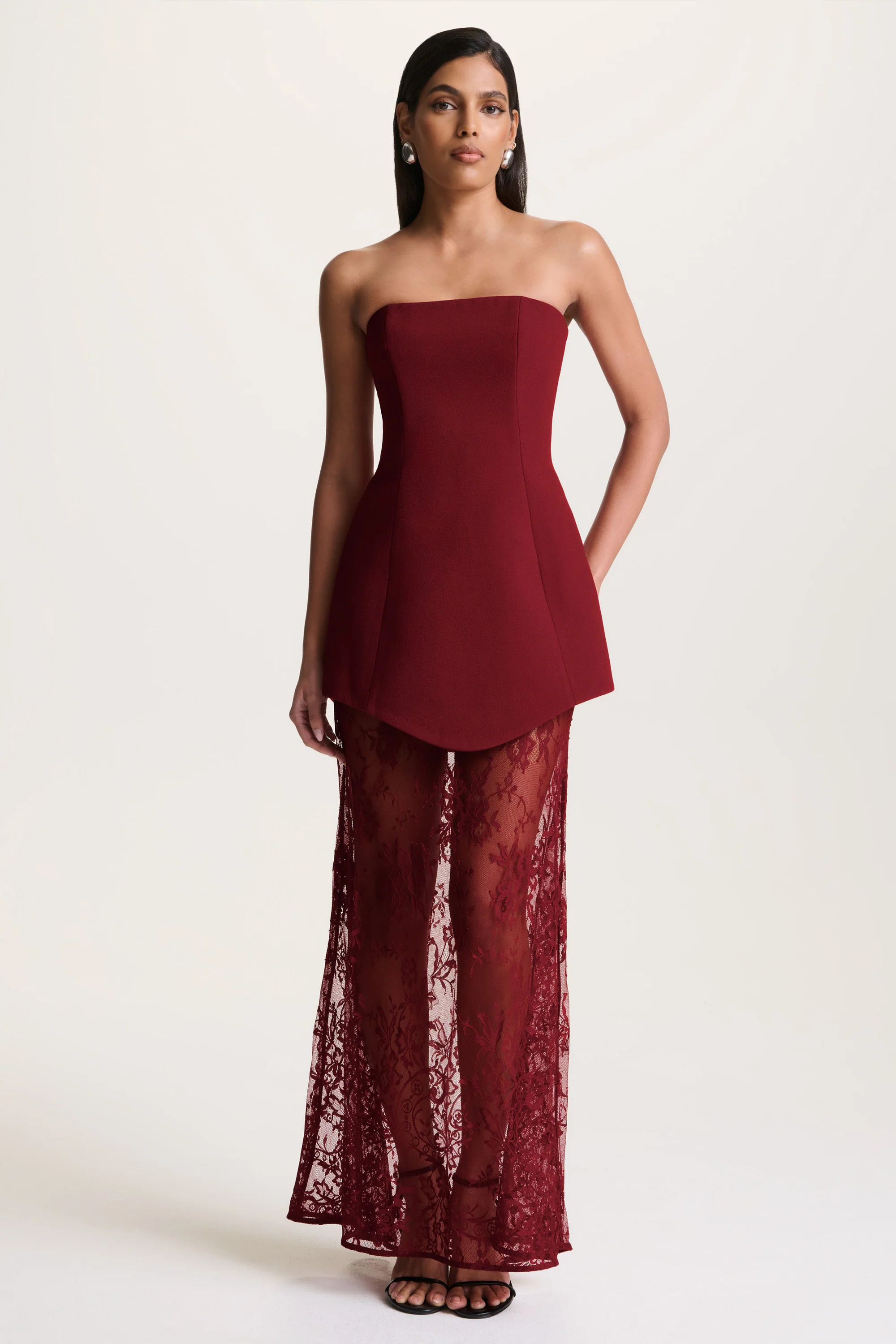 Brandi  Burgundy Bandeau Maxi Dress With Lace Skirt | Club L London