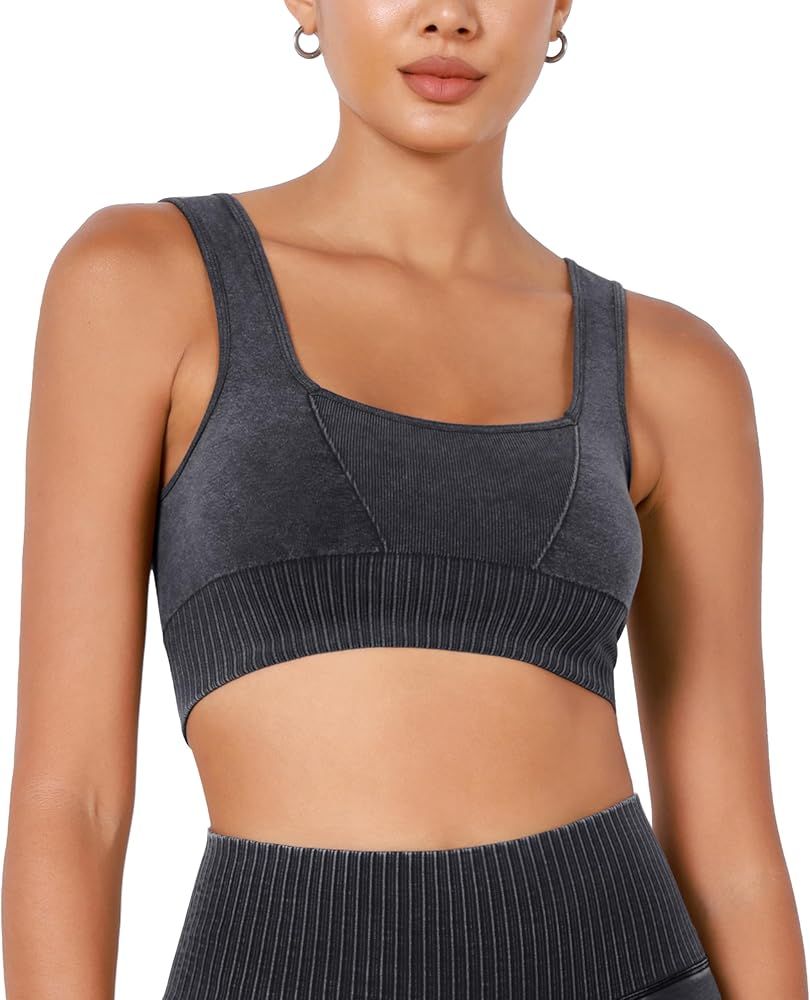 ODODOS Seamless Square Neck Sports Bra for Women Ribbed Crop Tank Casual Low Back Cropped Tops | Amazon (US)