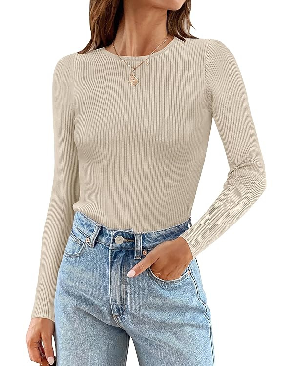 ZESICA Women's Long Sleeve Crewneck Shirts 2024 Fall Knit Sweater Slim Fitted Casual Basic Tee To... | Amazon (US)
