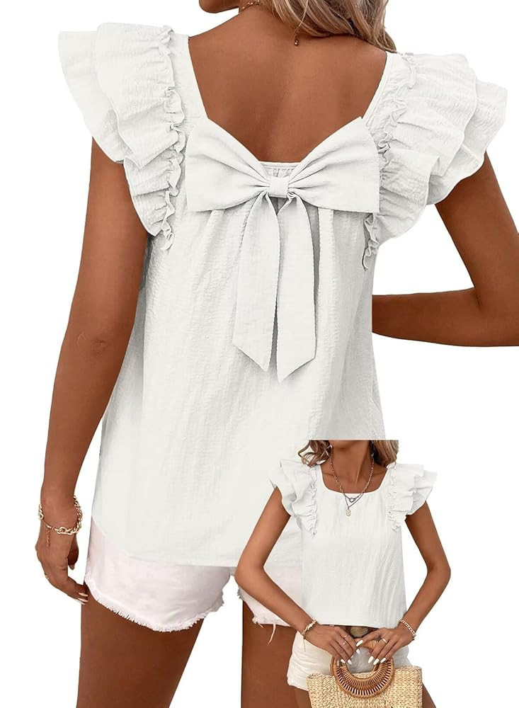 Womens Bow Tie Back Tops Round Neck Ruffle Short Sleeve Shirts Cute Babydoll Chiffon Tee Women Su... | Amazon (US)