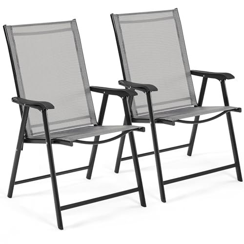Yaheetech Patio Dining Chairs Set of 2 with Armrests, Outdoor Folding Chairs with Metal Frame and Backrest for Lawn, Garden, Yard and Poolside, Gray | Amazon (US)