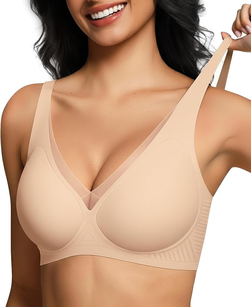 Deep V Wireless Jelly Bras for Women No Underwire Seamless Push Up Breathable Mesh Comfortable Ev... | Amazon (US)