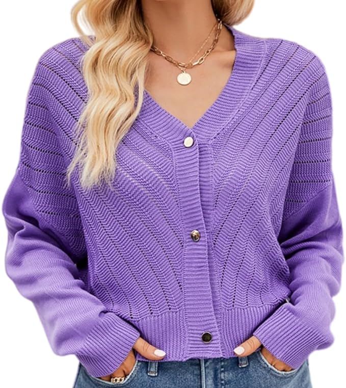 Women's Casual Button Down V Neck Solid Long Sleeve Ribbed Knit Lightweight Cropped Cardigan Swea... | Amazon (US)