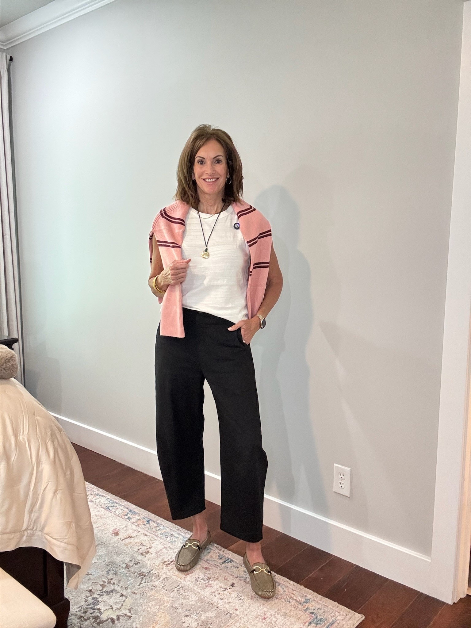 Tank - medium 
Linen blend designer inspired barrel pants - size small
Sweater - medium 
Washable loafers - size 10

Summer to fall style 
Travel style 
Vacation 
Everyday style
Over 60 women
Airport outfit 
Affordable fashion

#LTKTravel #LTKTall #LTKootd