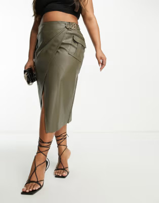 ASOS DESIGN Curve faux leather midi skirt with pocket details in khaki | ASOS (Global)