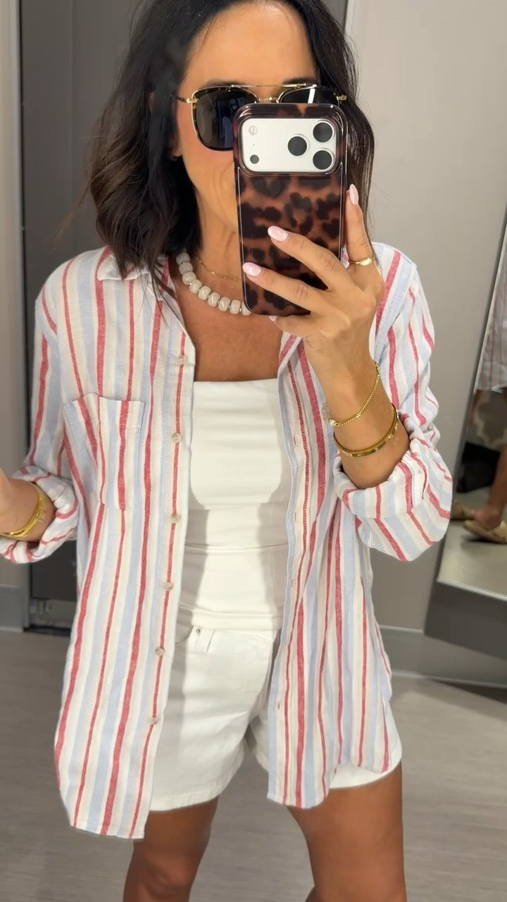 This whole outfit is giving coastal summer vibes ❤️🤍 The striped button-down is lightweight, breezy, and the perfect layer for beach trips, vacations, or those hot summer days when you still want a little coverage. Paired with white shorts and a simple tank for an easy look that feels classic and put together.

The kind of outfit you’ll wear on repeat all season long.

✨ Size XS, 5’3 for reference

#LTKStyle #LTKFinds #TargetStyle #TargetFashion #SummerOutfit #BeachStyle #VacationStyle #CoastalStyle #AffordableFashion #LTKSummer